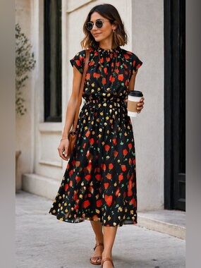 Banana Republic Black with Red and Yellow Floral Midi Dress | Size 6